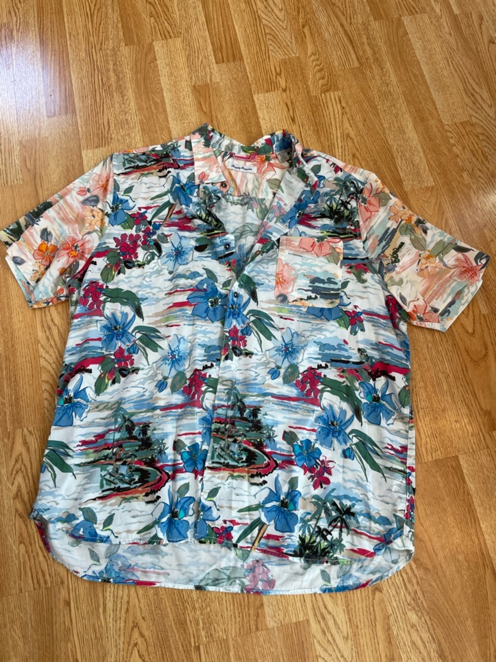 Tommy Bahama Tropical Floral Camp Shirt - Blue, Coral & Green Print